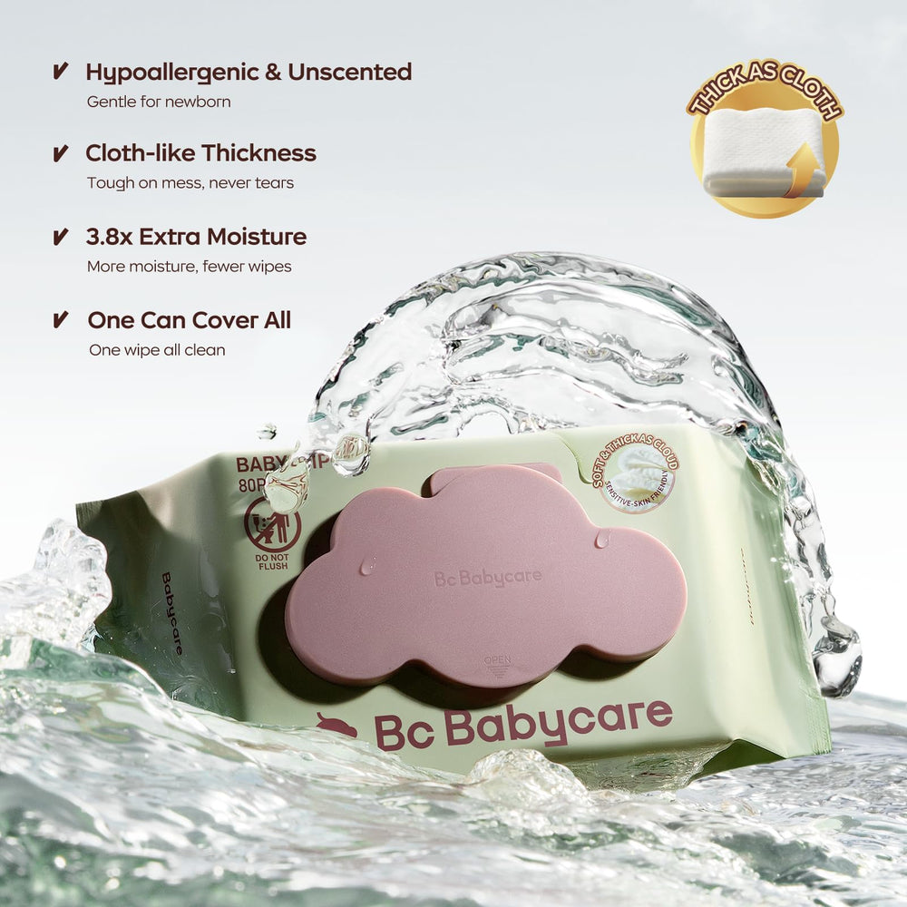 Bc Babycare Cloud Moist Wipes flip-top open for easy one-handed access.