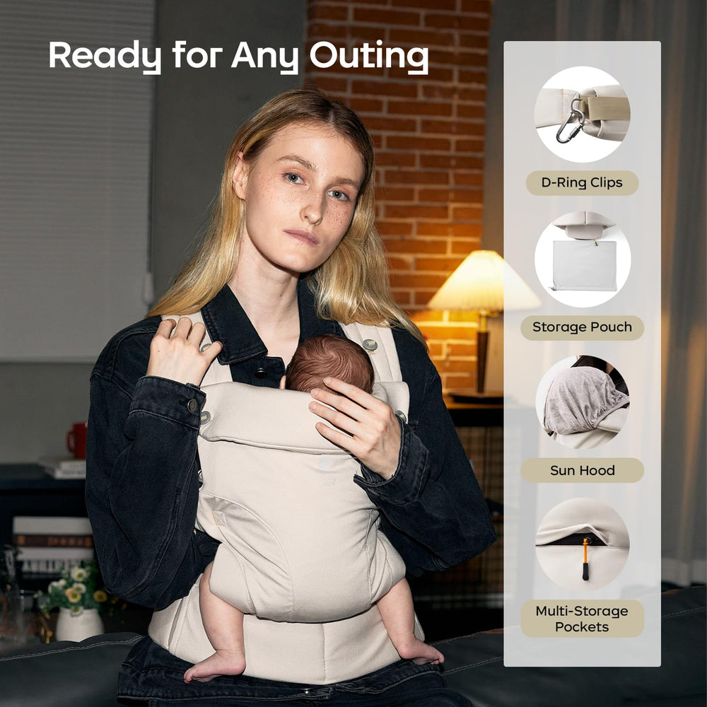 bc babycare CocoonGo back carry demonstrates balanced weight distribution for comfortable wear