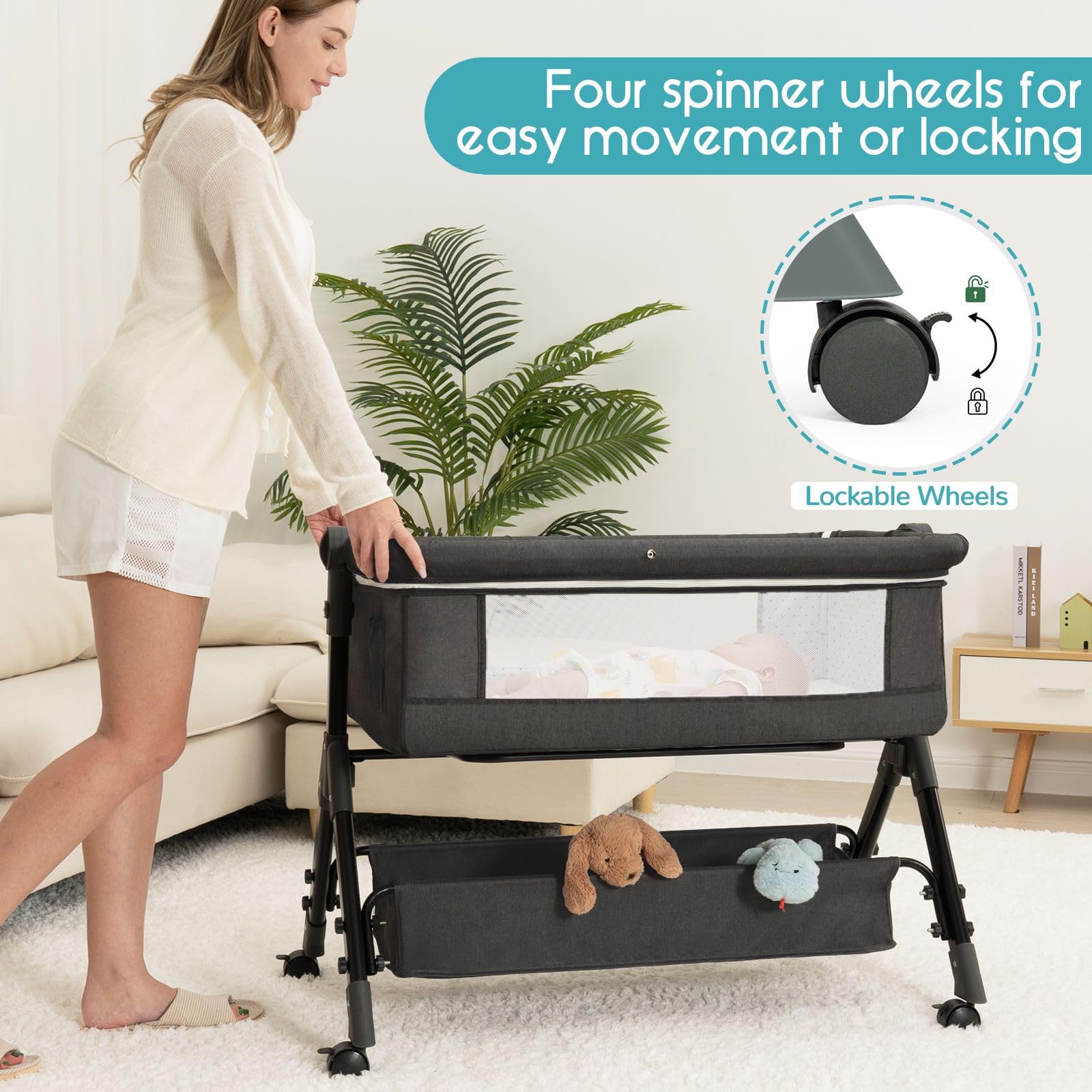 BCOL Baby Bassinet wheels and breathable mesh for smooth mobility