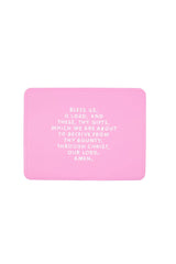 Be A Heart meal blessing placemat in bubblegum color showing organized, engaging mealtime.