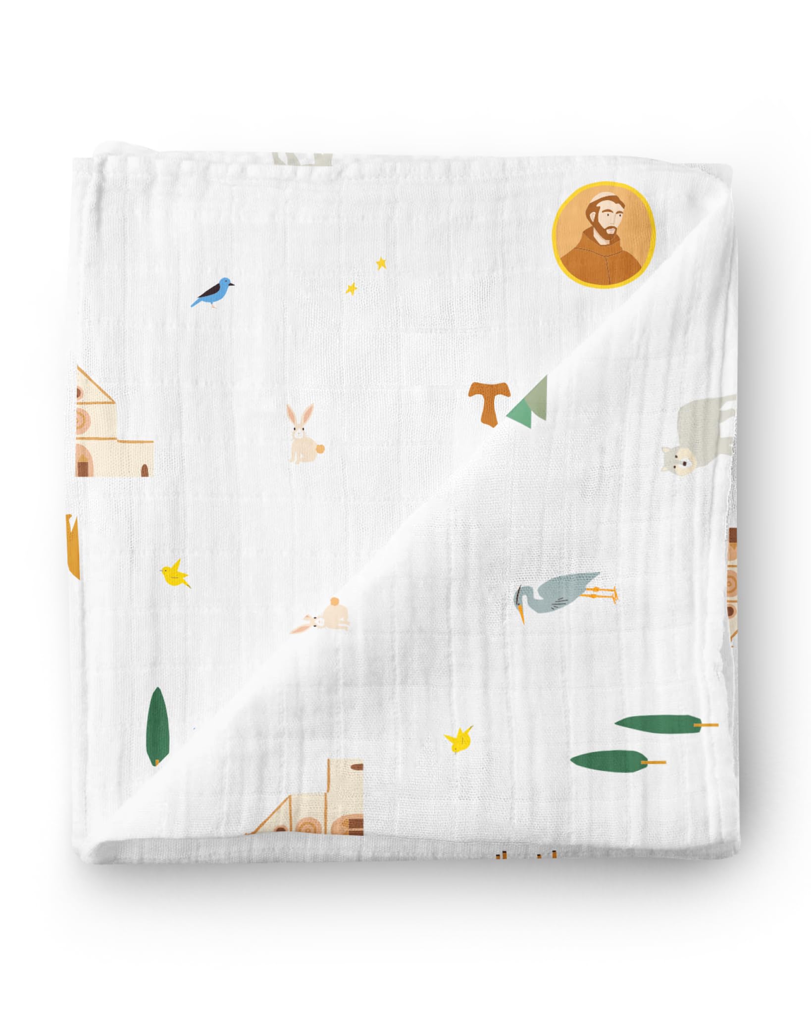 Be A Heart muslin swaddle baptism gift laid flat with drawn saint icons.