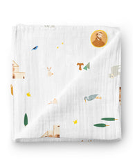 Be A Heart muslin swaddle baptism gift laid flat with drawn saint icons.