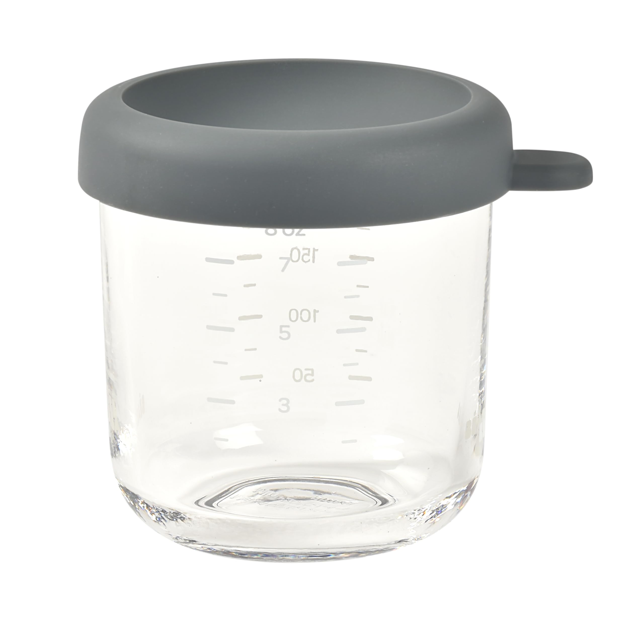 Béaba 8 oz glass baby food jar with silicone lid preserving freshness during storage.