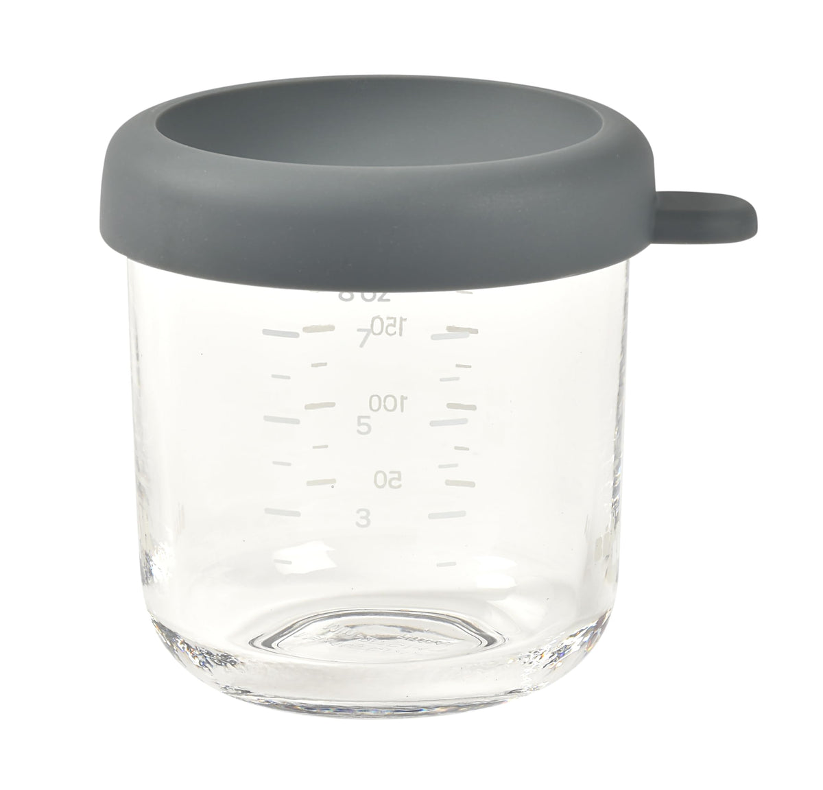 Béaba 8 oz glass baby food jar with silicone lid preserving freshness during storage.