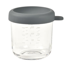Béaba 8 oz glass baby food jar with silicone lid preserving freshness during storage.
