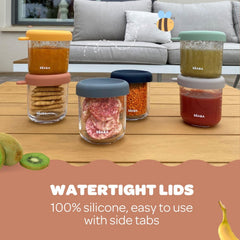 BEABA jars shown in a freezer-ready setup for long term storage.