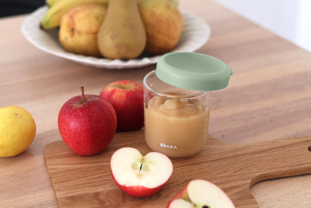 BEABA jars display clear ml/oz graduations for portion control.