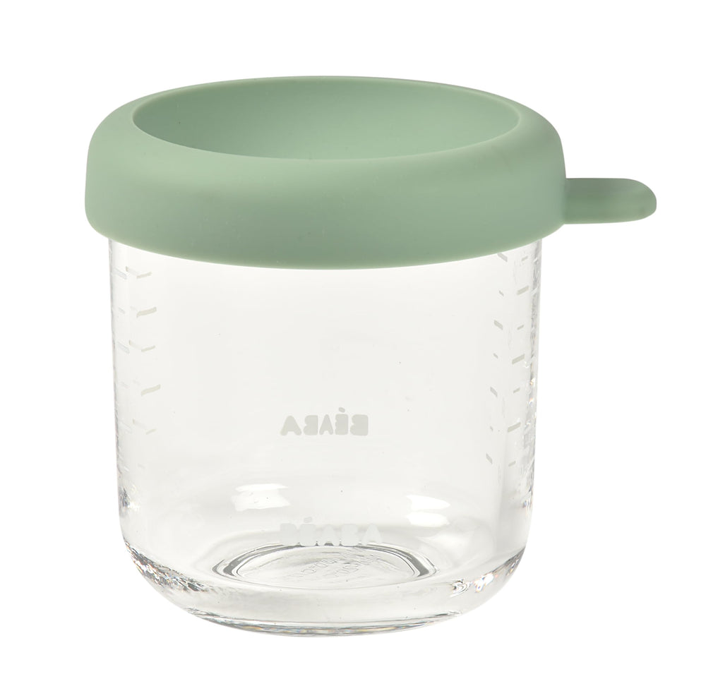 BEABA 8 oz glass jars with soft-silicone-lids shown for airtight freshness.