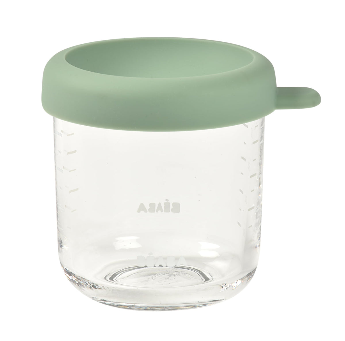 BEABA 8 oz glass jars with soft-silicone-lids shown for airtight freshness.