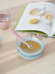 Beaba All Grown Up rose cutlery trio for ages 12 months+ with dishwasher safe convenience.