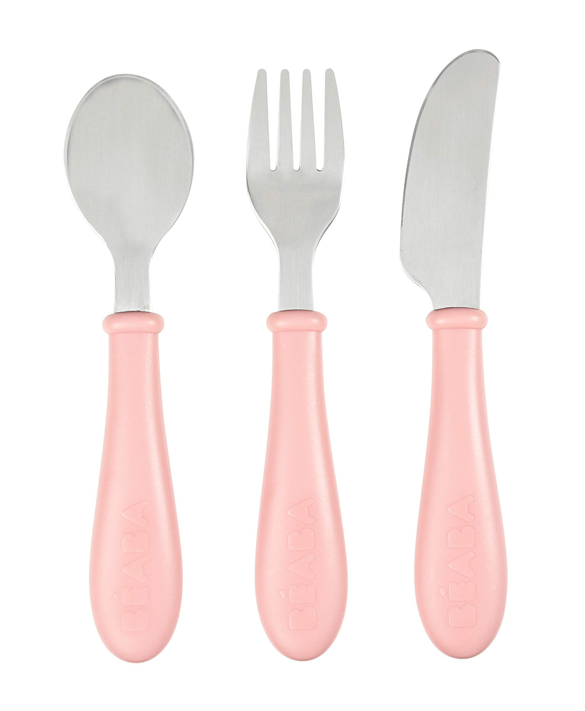 Beaba All Grown Up rose cutlery with ergonomic handles for little hands, mess-reducing design.