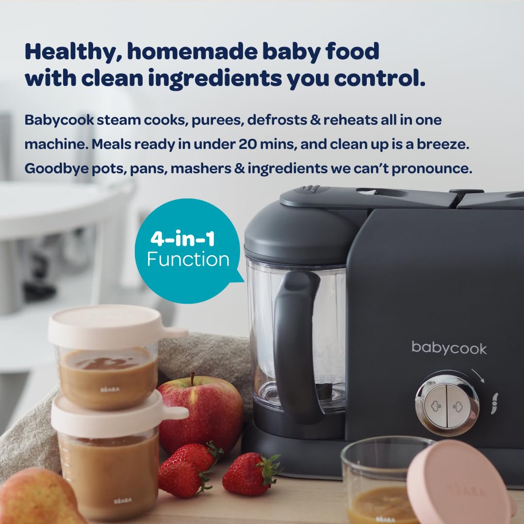 BEABA Babycook Duo auto timer image conveys hands-free operation and safe cooking.