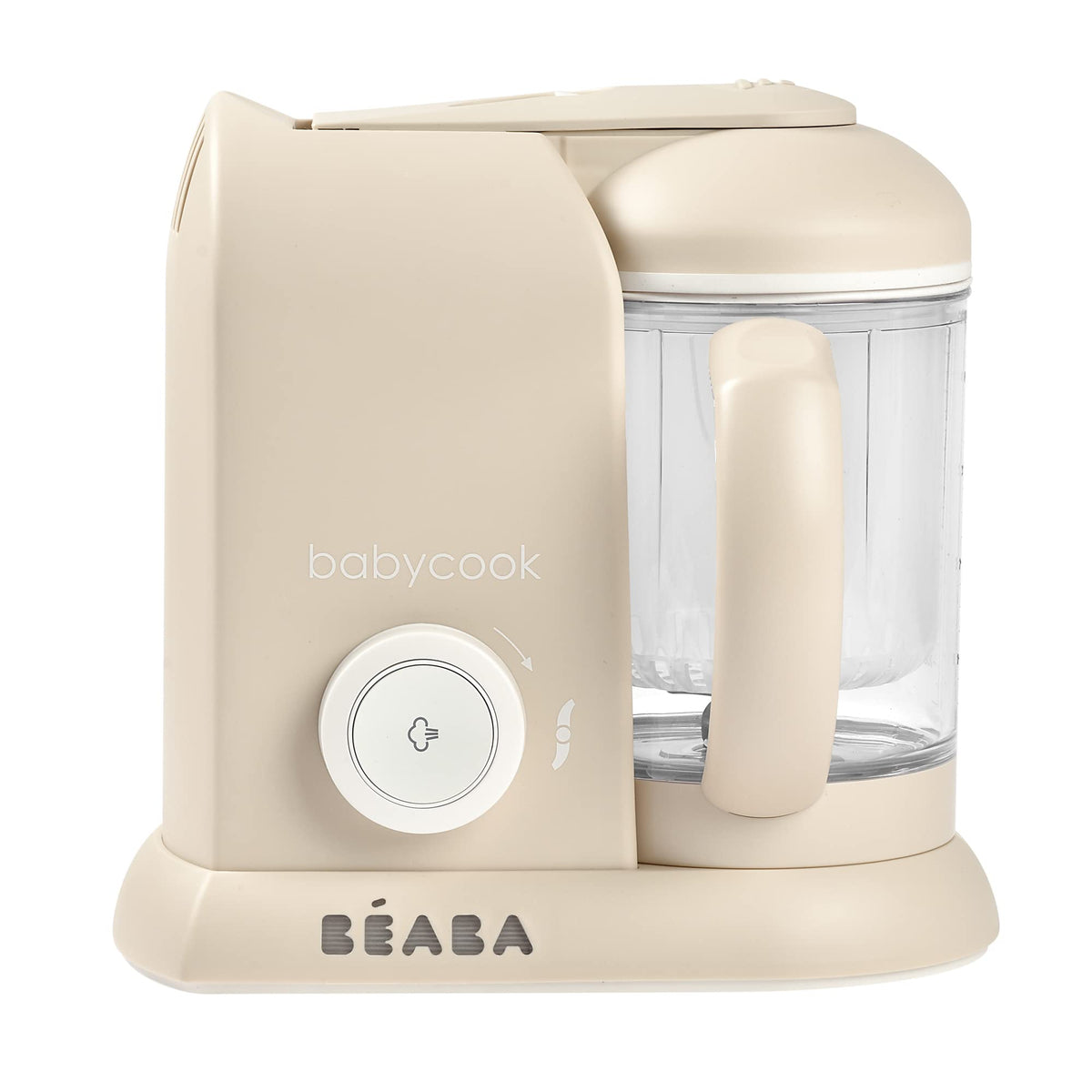 BEABA Babycook Solo front view shows compact all-in-one kitchen appliance for quick baby meals.