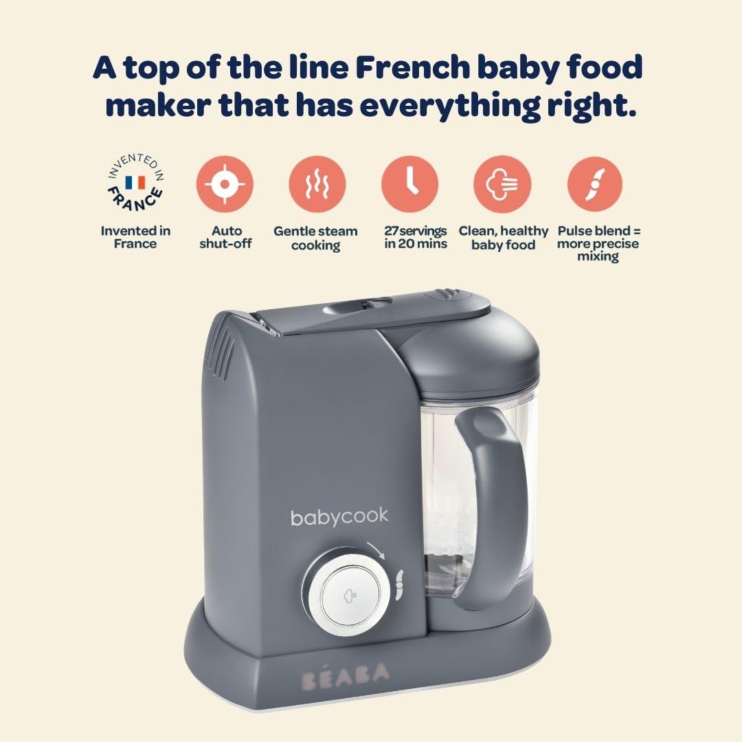 BEABA Babycook Solo steam basket demonstrates elevated steam cooking with minimal nutrient loss.