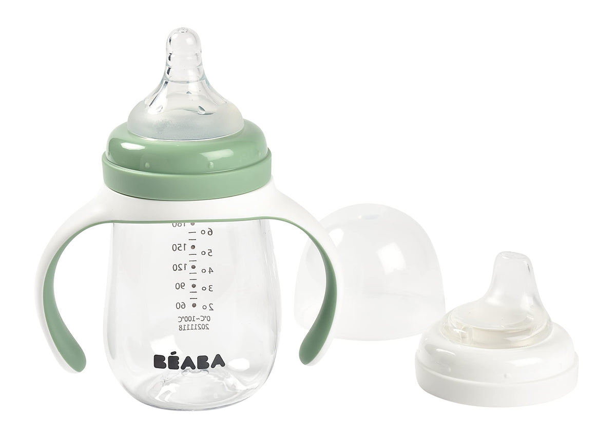 BEABA 2-in-1 bottle-to-sippy sage enables on-the-go sipping with spill-proof cap.