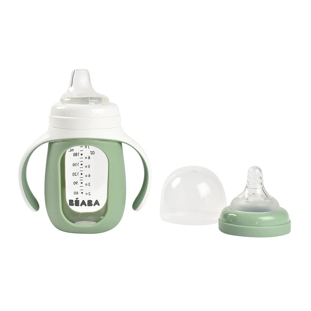 Beaba glass bottle to sippy cup Sage with spill-proof design prevents messes during meals.