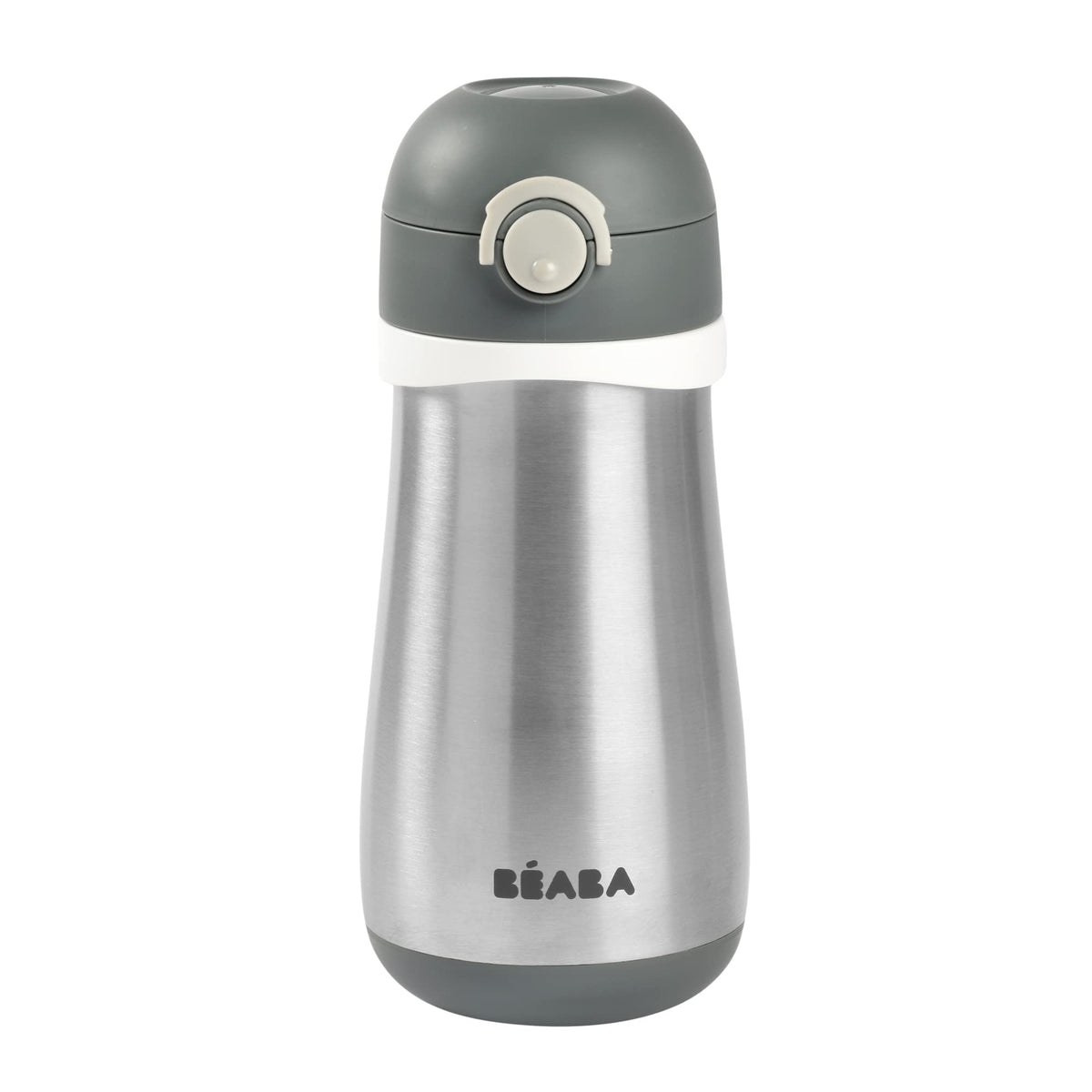 BEABA kids stainless steel water bottle in charcoal finish for on-the-go hydration.