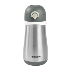 BEABA kids stainless steel water bottle in charcoal finish for on-the-go hydration.