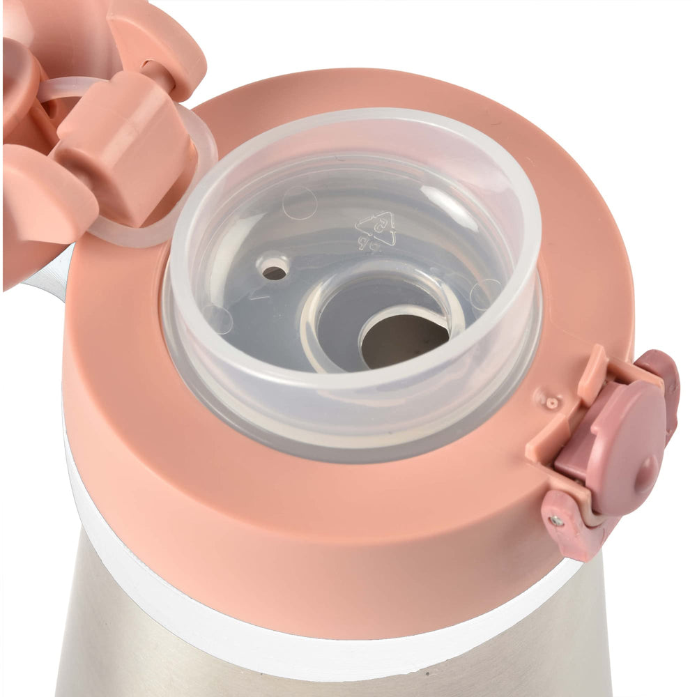 Beaba kids water bottle rose close-up of leakproof lid for travel