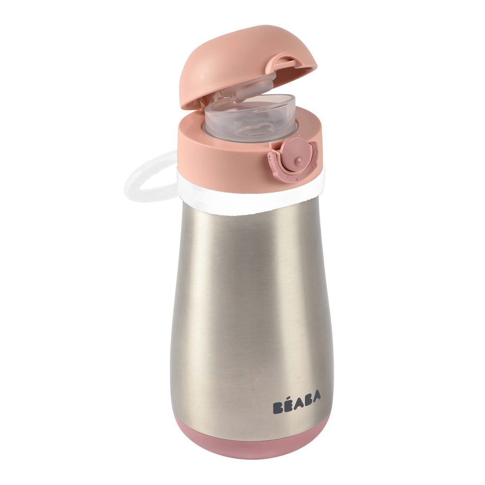 Beaba kids water bottle rose lid open shows easy-access spout for learners