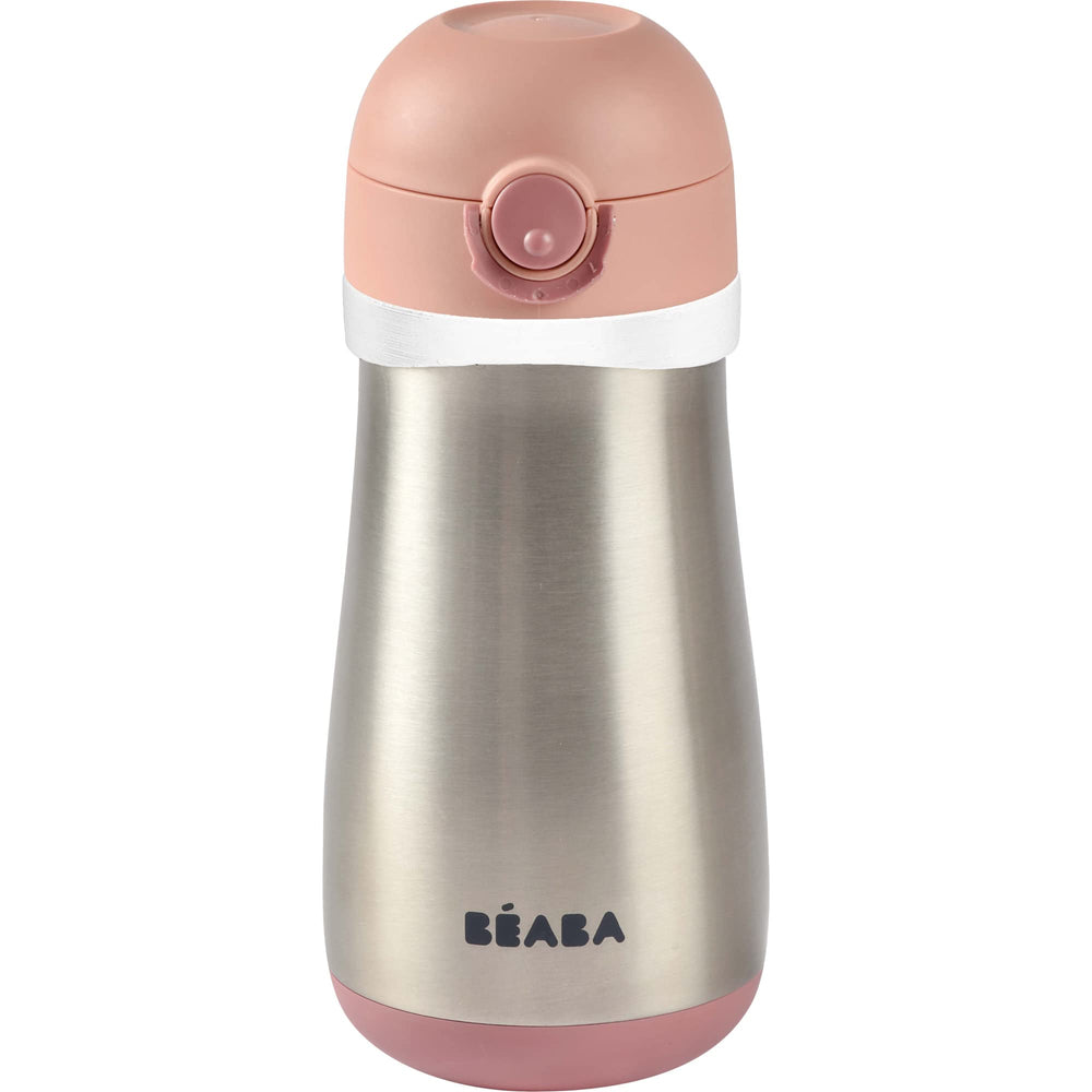 Beaba kids stainless steel water bottle rose side view highlights durable construction for daily use