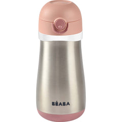 Beaba kids stainless steel water bottle rose side view highlights durable construction for daily use