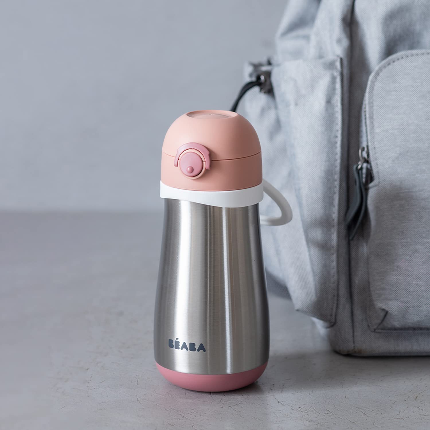 Beaba kids water bottle rose carry handle attached for easy carrying