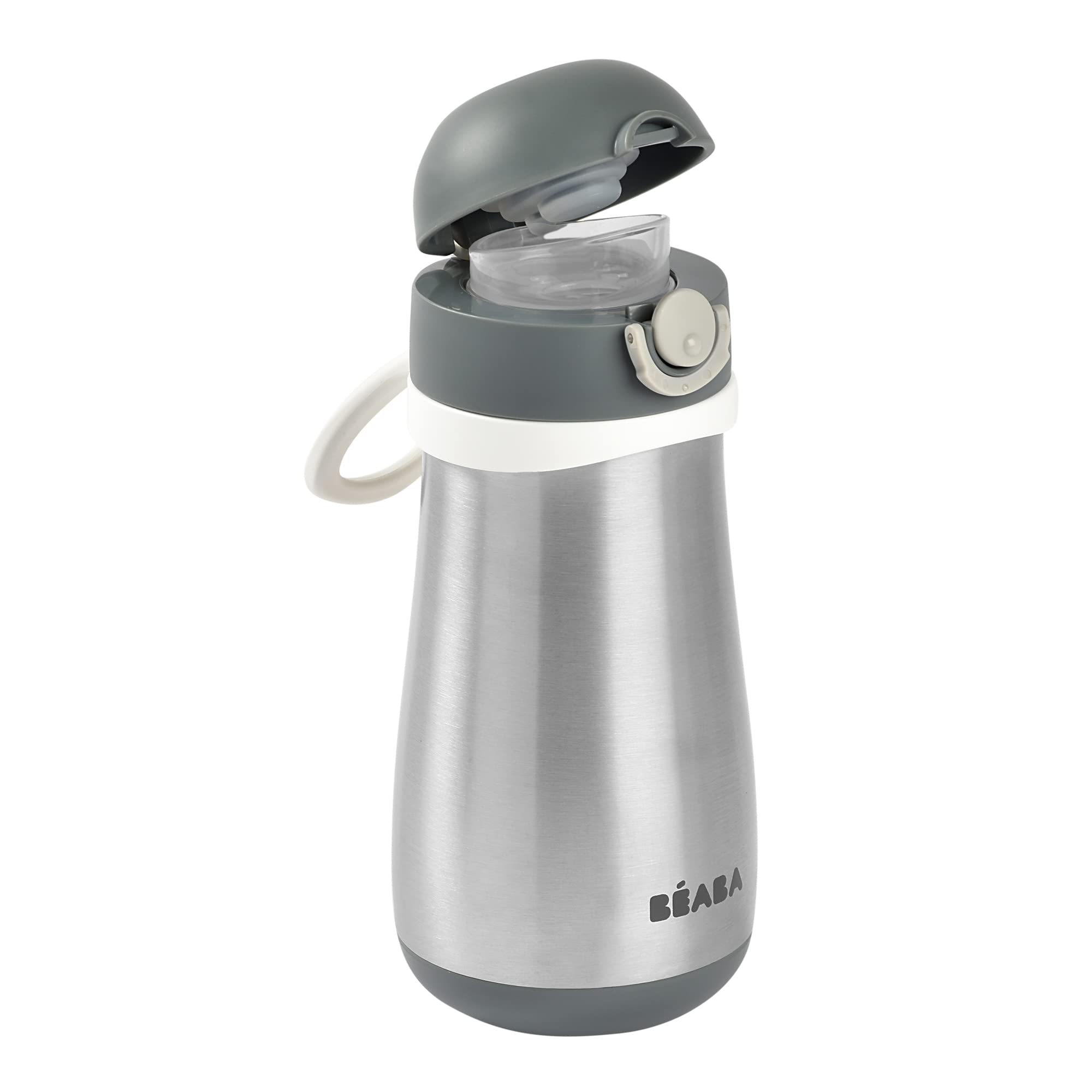 BEABA kids water bottle spout closeup showing easy sip for toddlers.