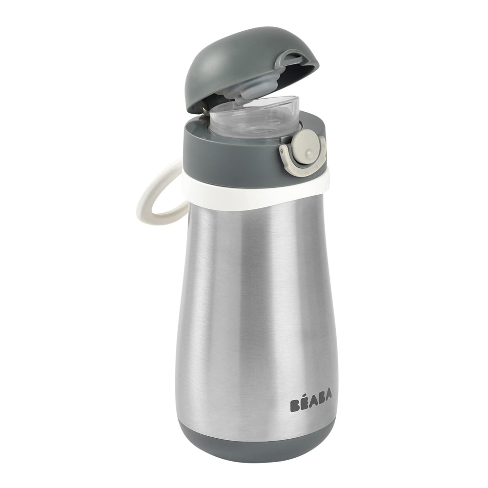 BEABA kids water bottle spout closeup showing easy sip for toddlers.