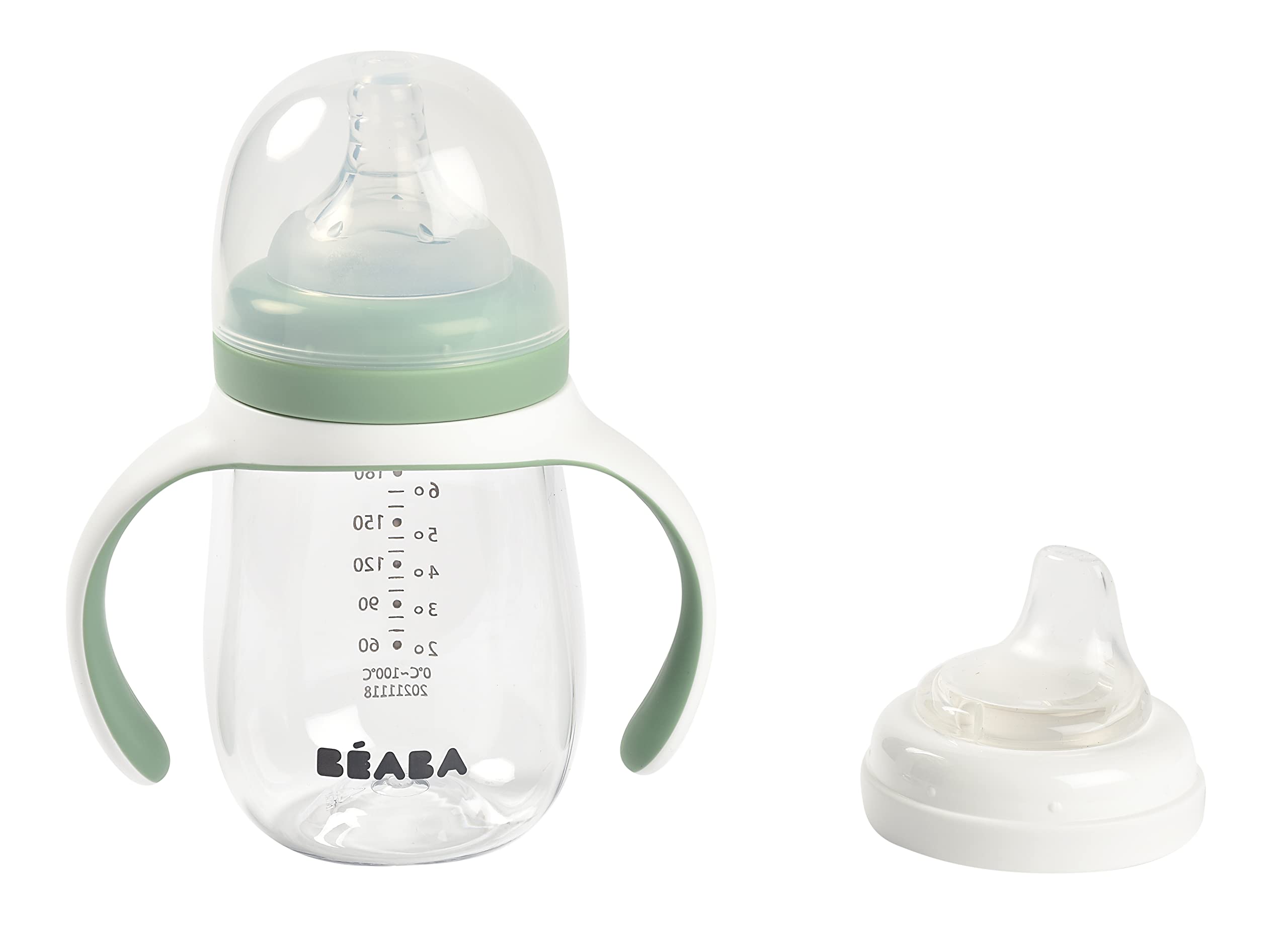 BEABA removable-handles-sage highlights easy grip for tiny hands during transitions.