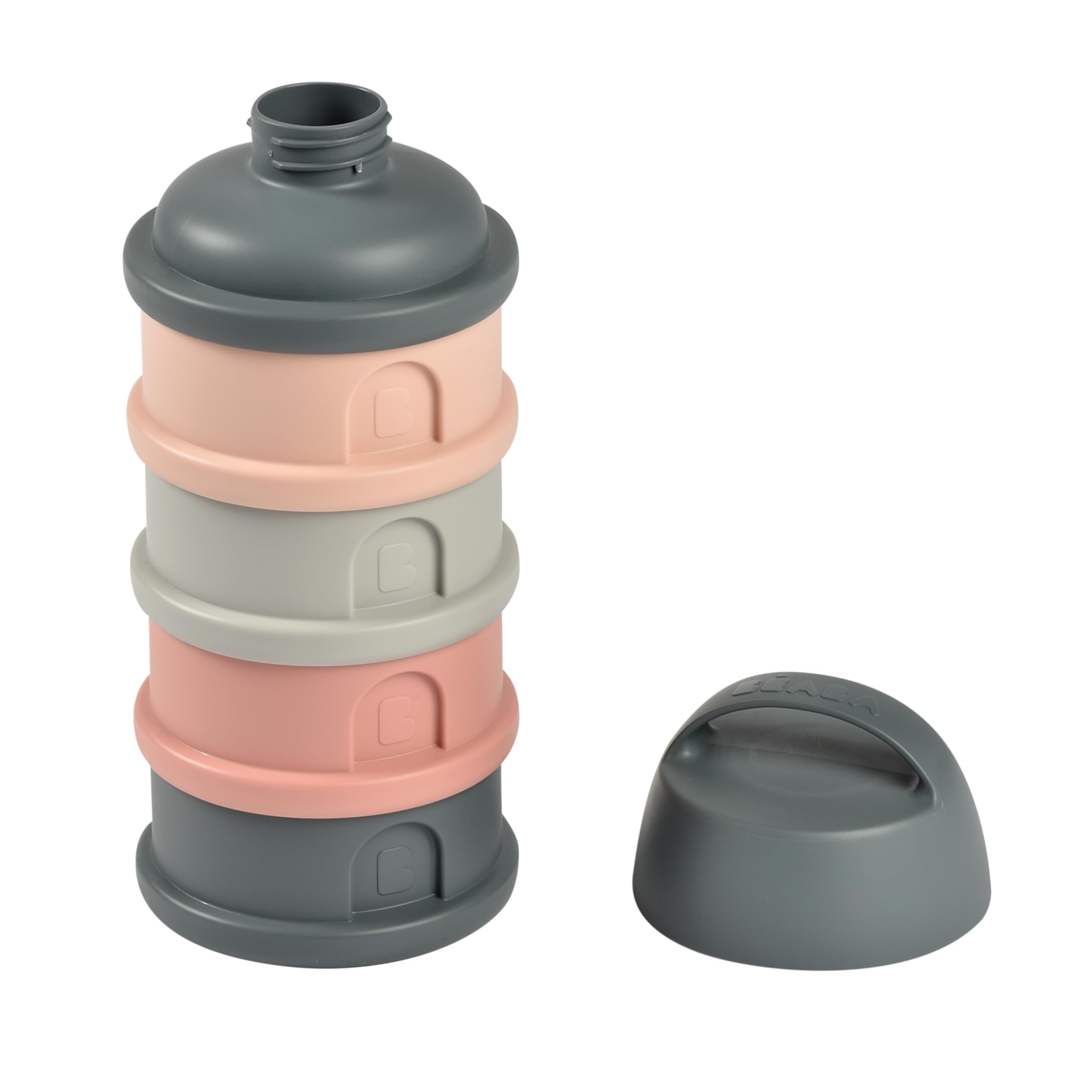 BEABA Rose formula and snack container funnel spout enables precise pre-measured formula pouring