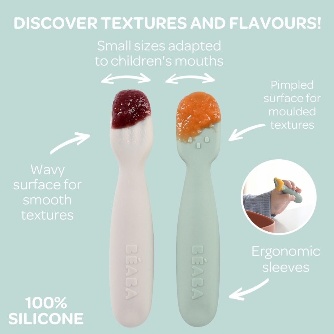 BEABA sage-grey spoons sized for tiny mouths easing scooping during weaning moments