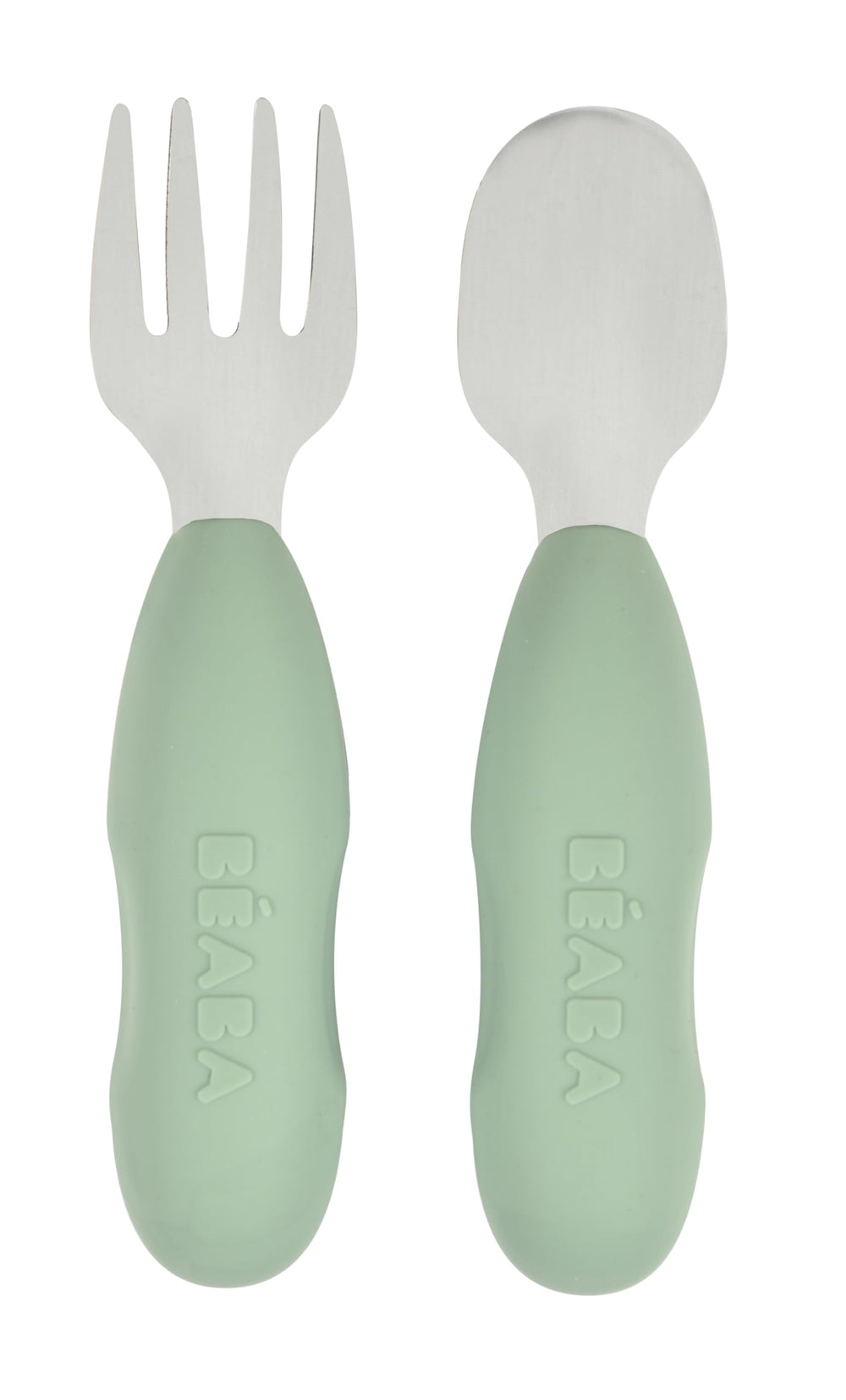 BEABA set of 2 stainless steel pre-cutlery with sage handles—ergonomic grip for small hands.