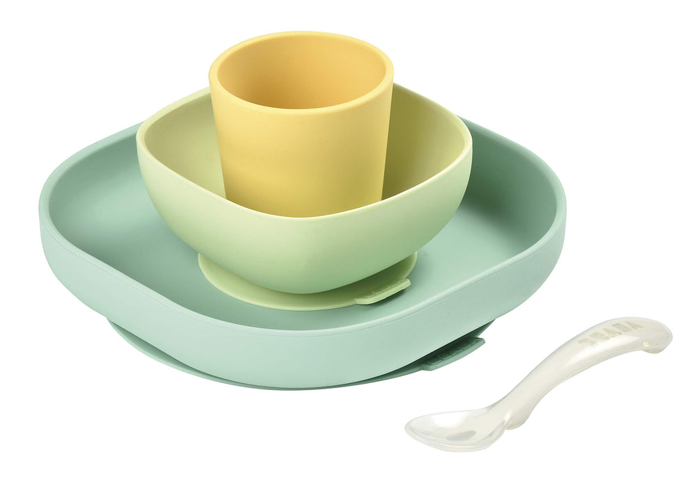 BEABA silicone 4-piece feeding set plate pastel with non-slip suction for self-feeding.