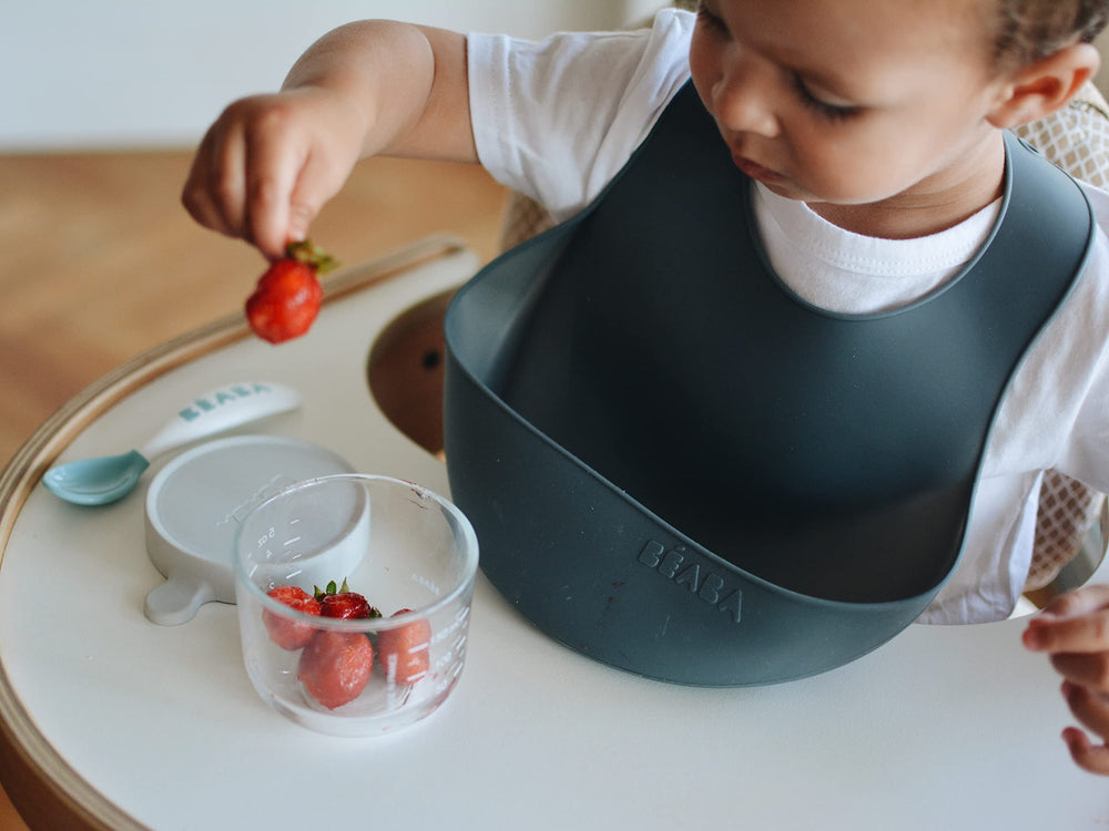 Beaba silicone baby bib charcoal with wide food catcher to catch spills
