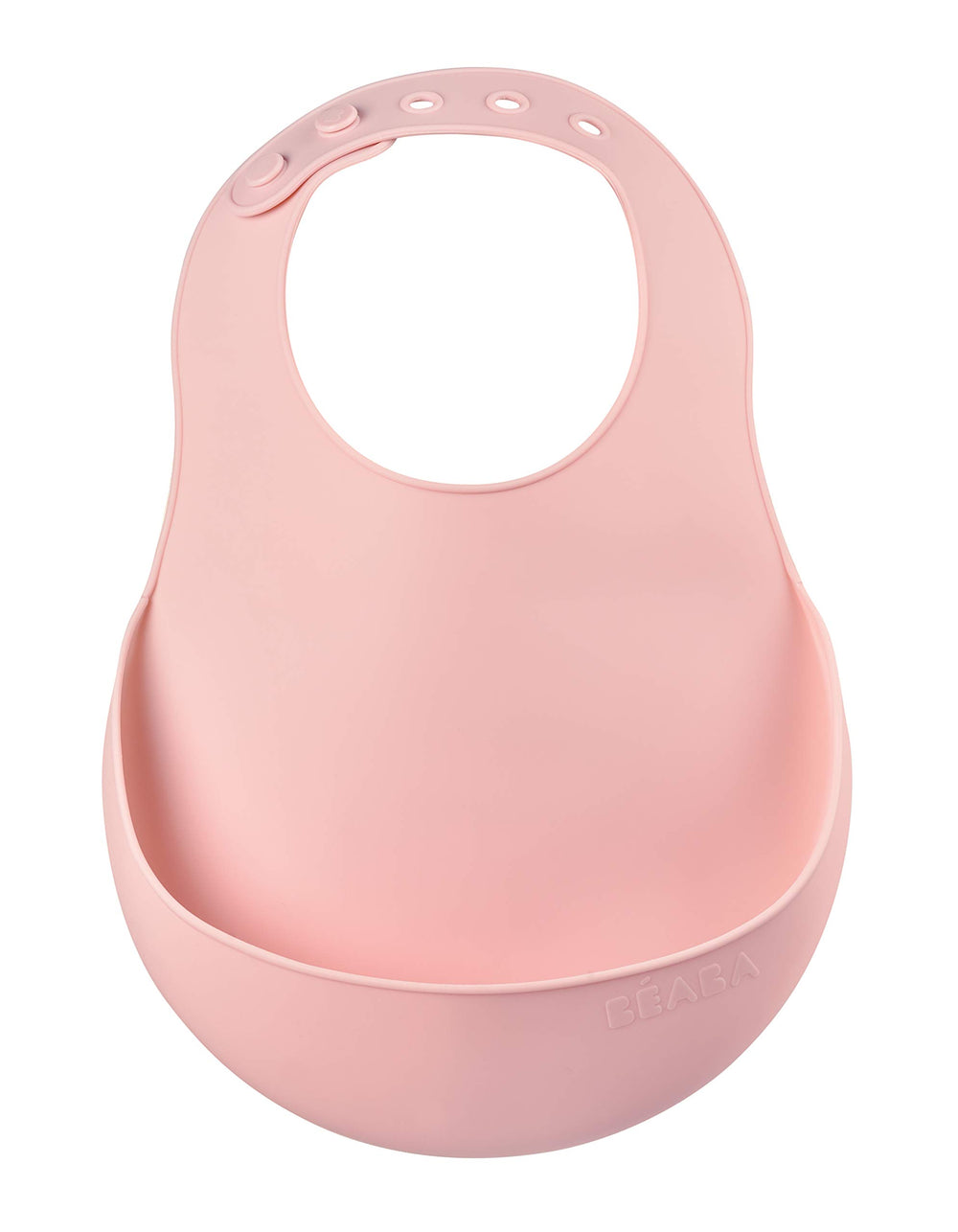 Beaba silicone baby bib in Rose with soft texture and mess-free meals with catching pocket.