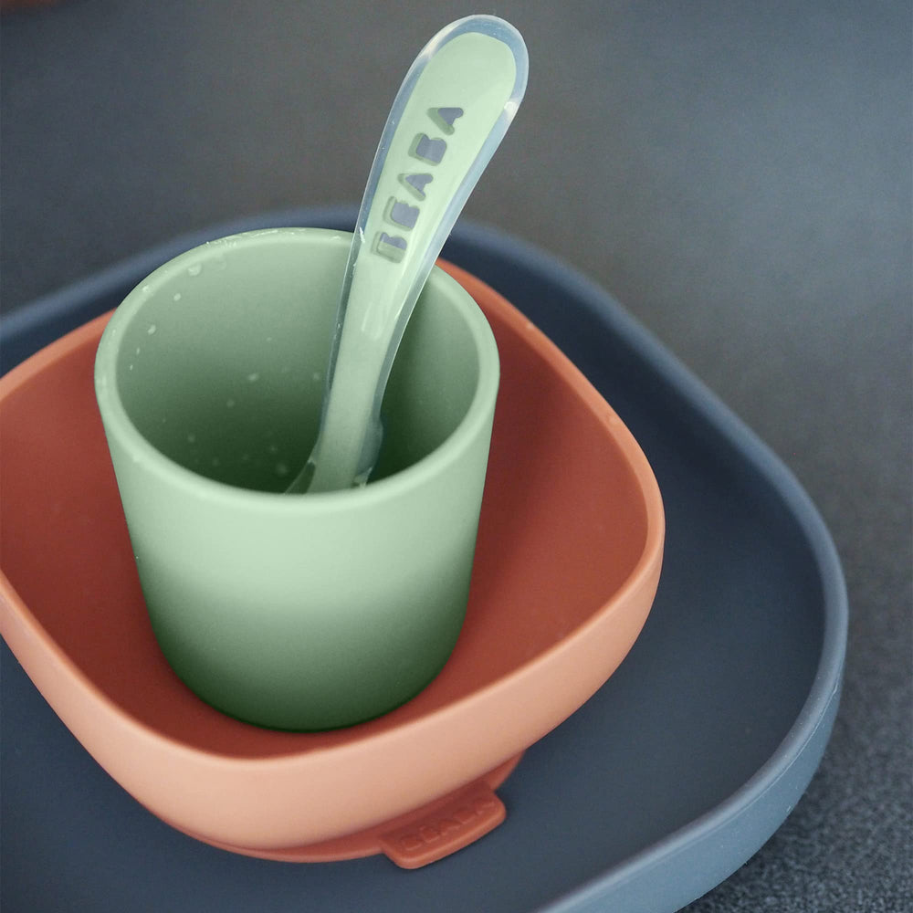 BEABA silicone cup ready for on-the-go hydration and easy cleaning after meals.