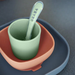 BEABA silicone cup ready for on-the-go hydration and easy cleaning after meals.