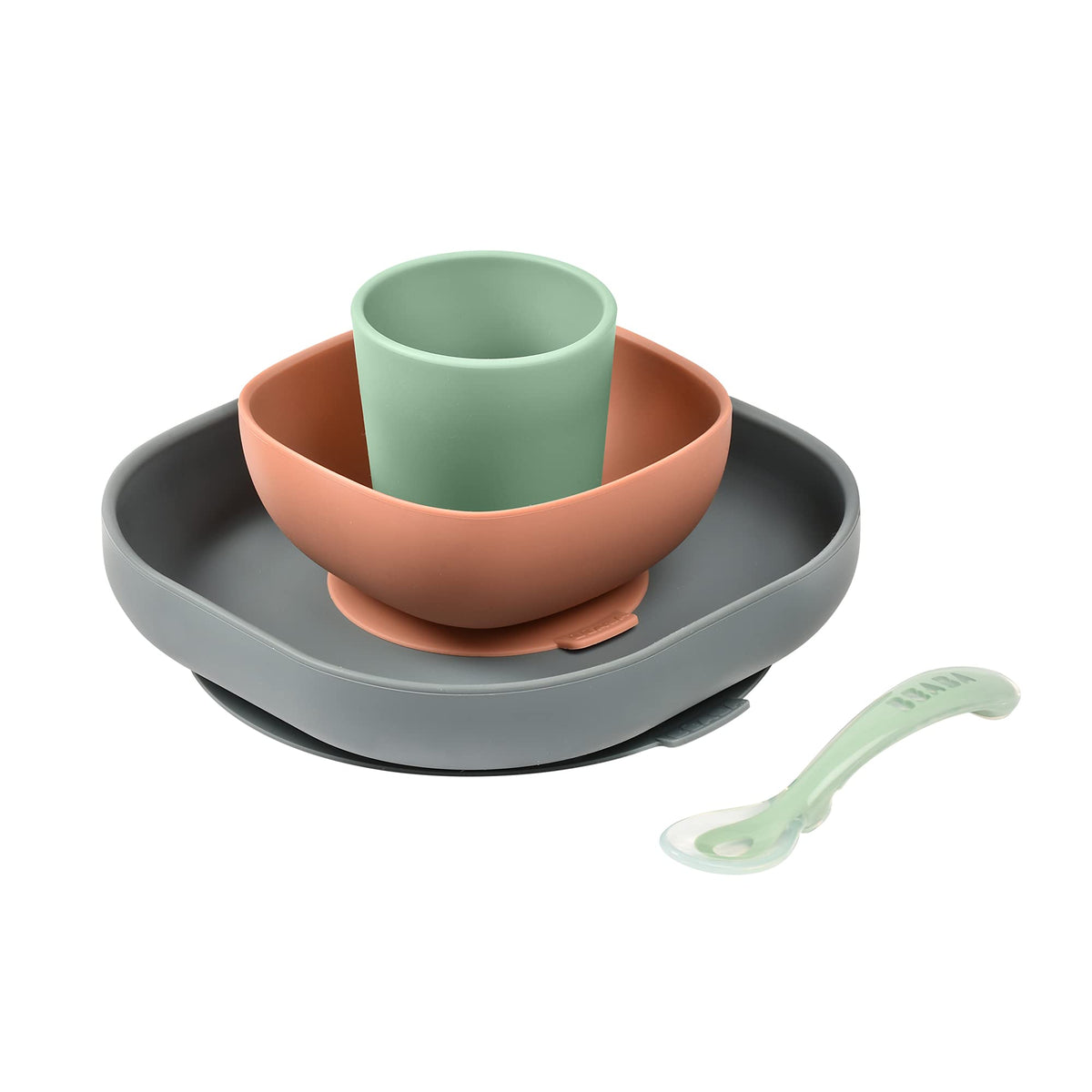 BEABA silicone plate suction showing secure, spill-free self-feeding plate.