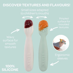 BEABA silicone pre-spoon ambidextrous design supports self-feeding independence