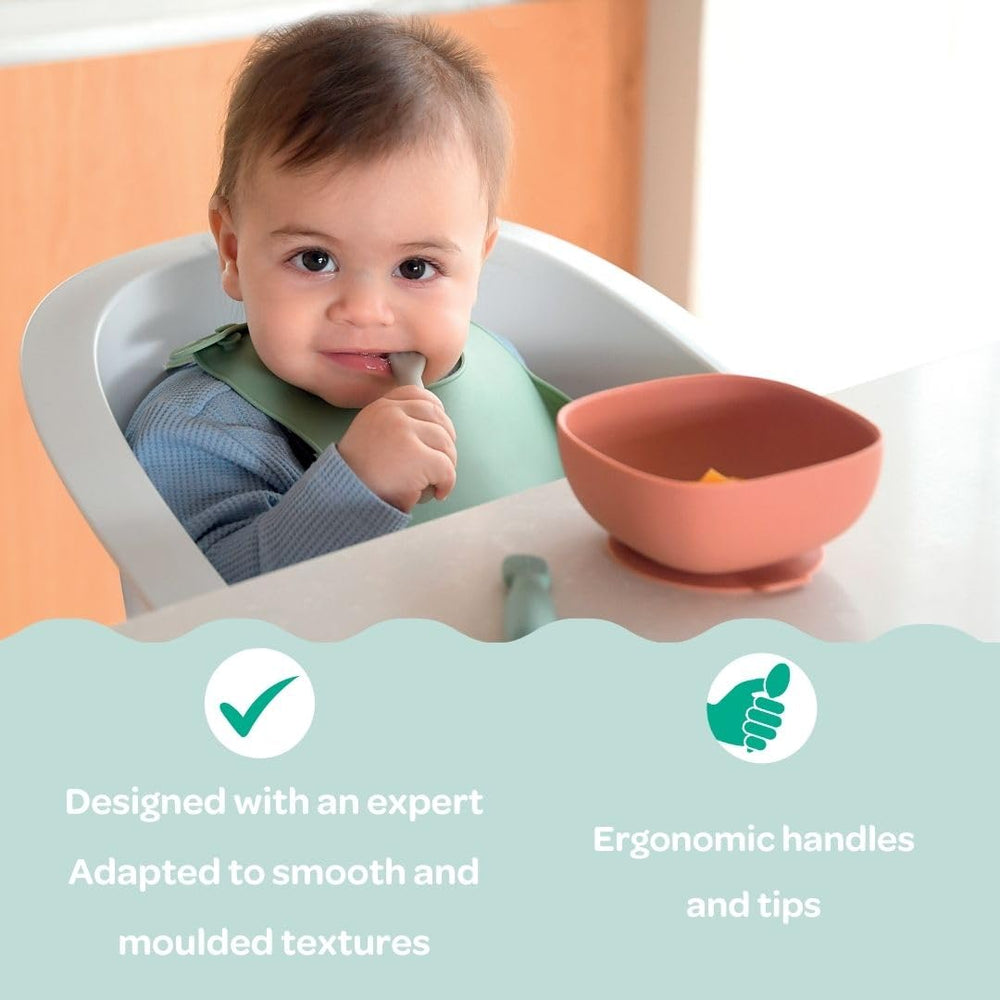 BEABA silicone pre-spoon textured tip helps grip soft foods during meals