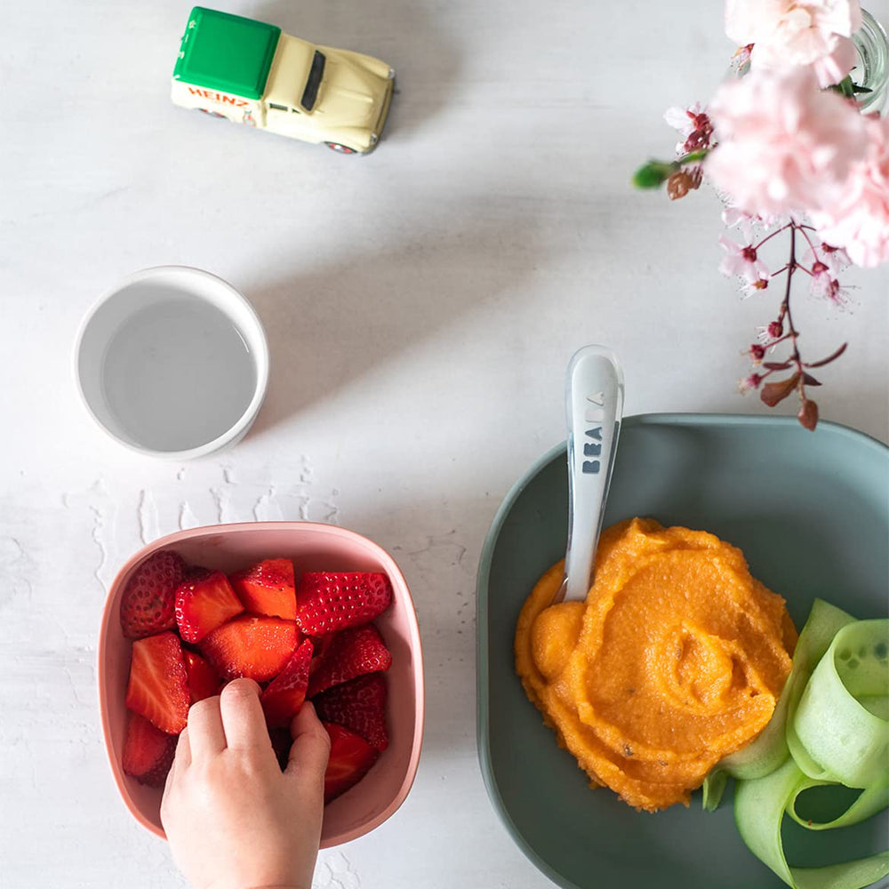 BEABA second-stage silicone spoon features rounded tip for gentle gums