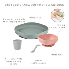 BEABA silicone toddler plate action demonstrates non-slip suction for mess-free meals