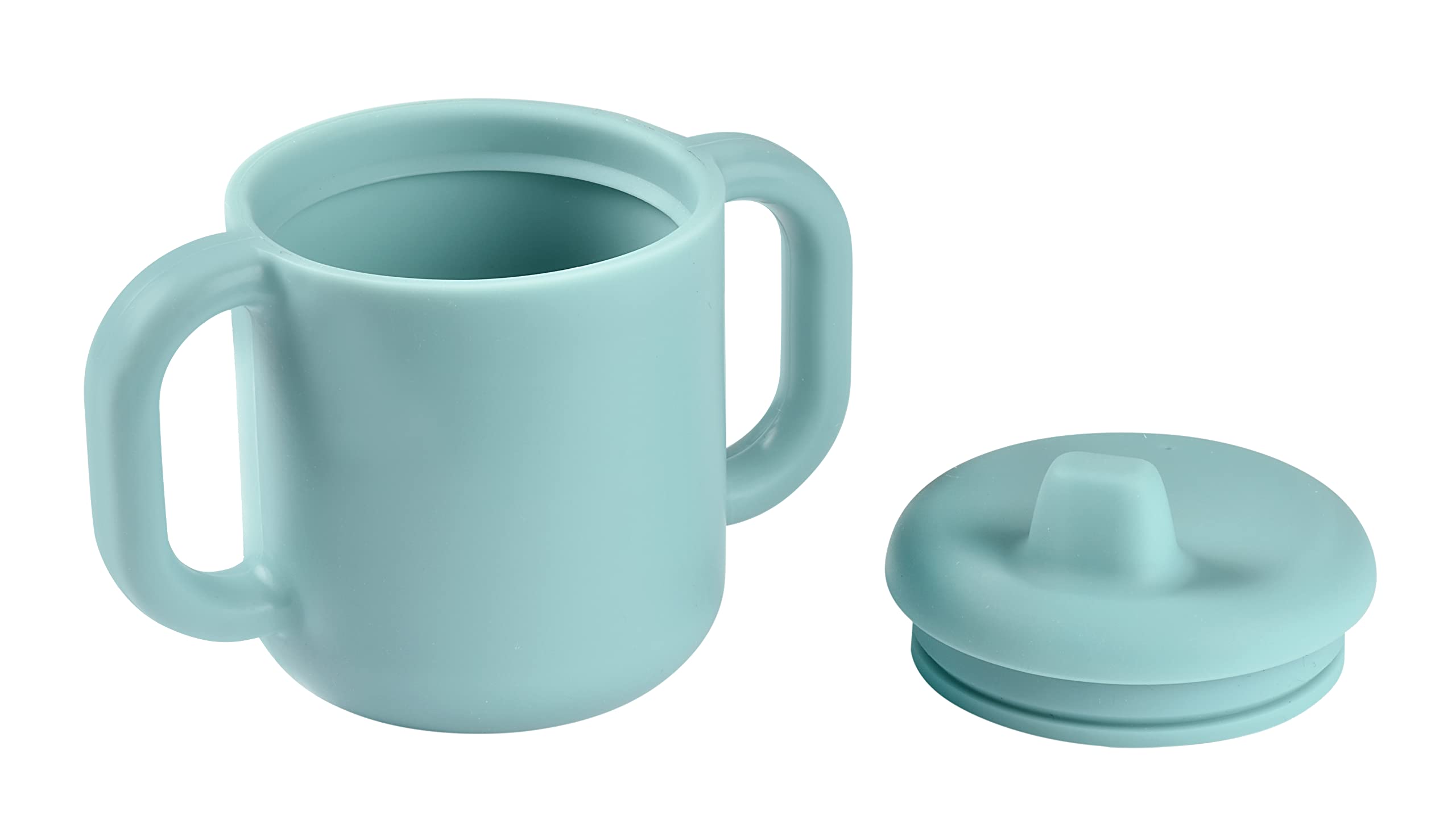 BEABA Silicone Training Cup Rain removable lid with spout supports spill-free learning sessions.