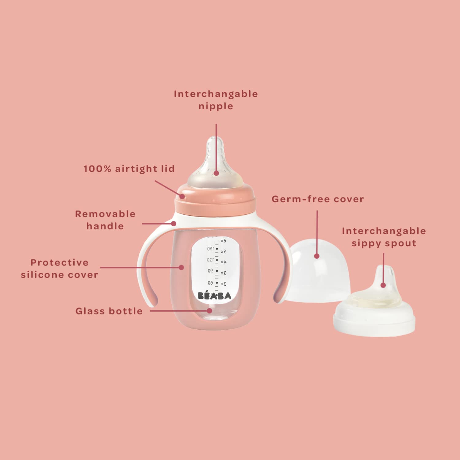 Beaba spill-proof lid and glass body offer durable, easy-clean feeding options Sage.