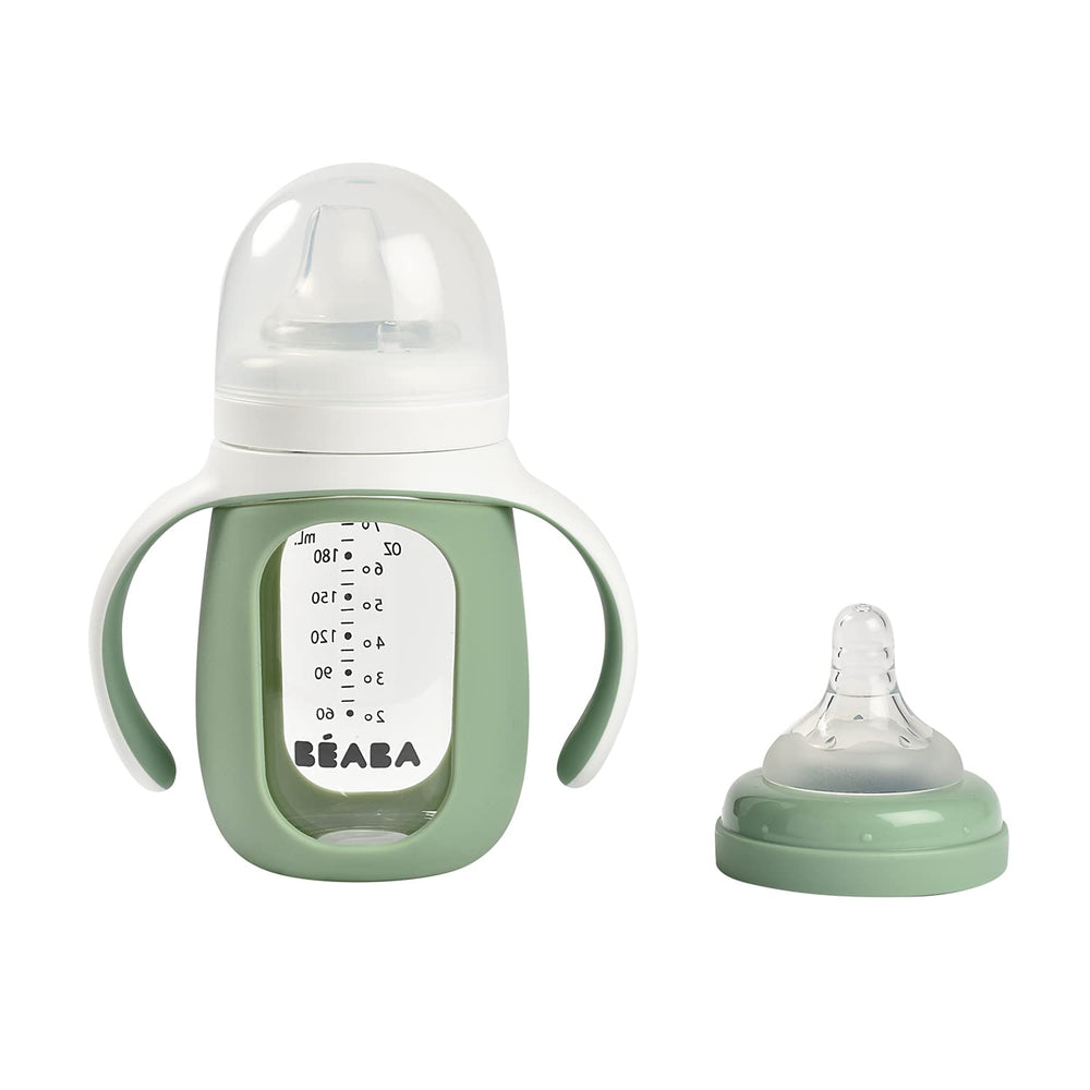 Beaba soft silicone nipple and spout support comfortable mid-meal switching in Sage.