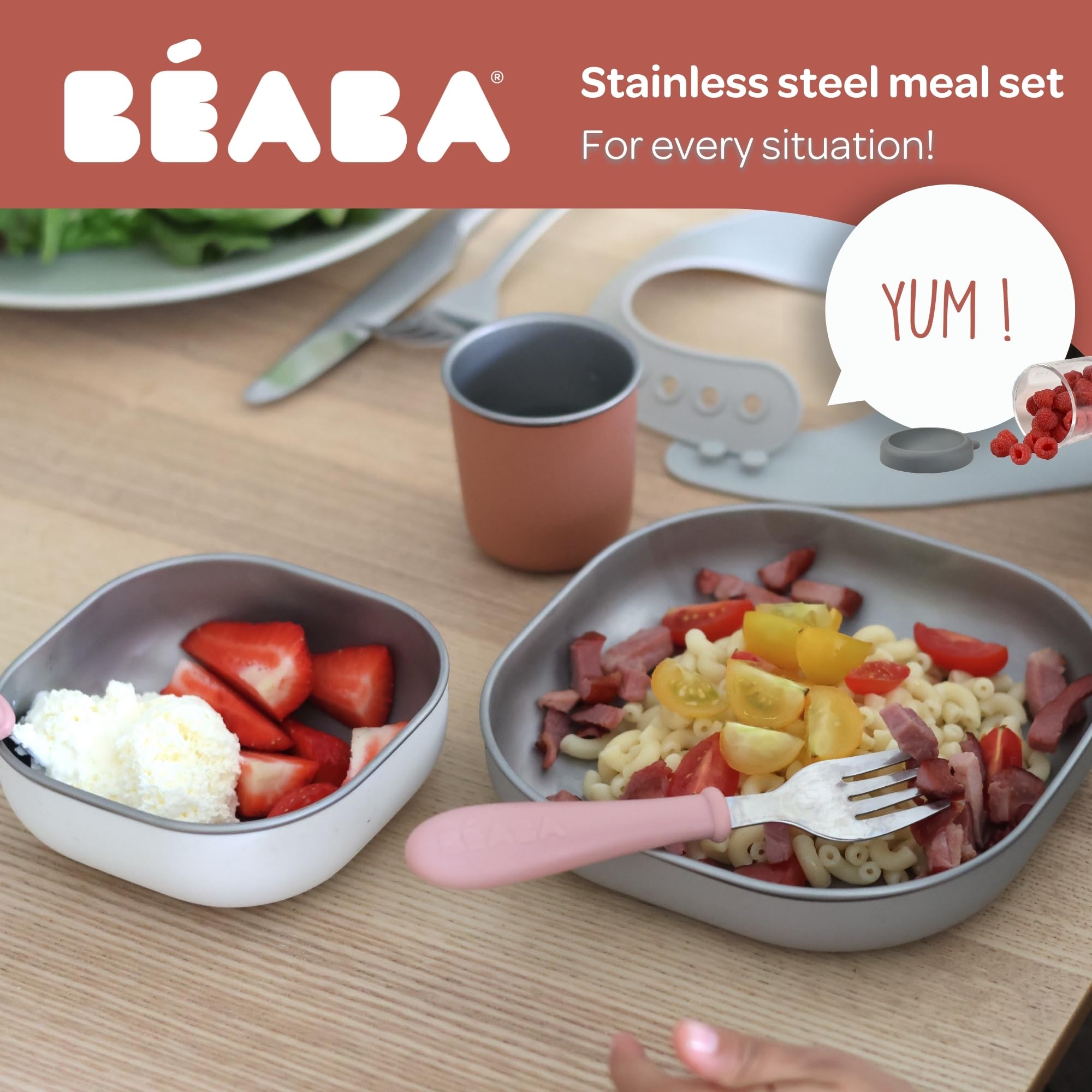 BEABA stainless steel meal set bowl, keeps portions steady and dishwasher-safe.