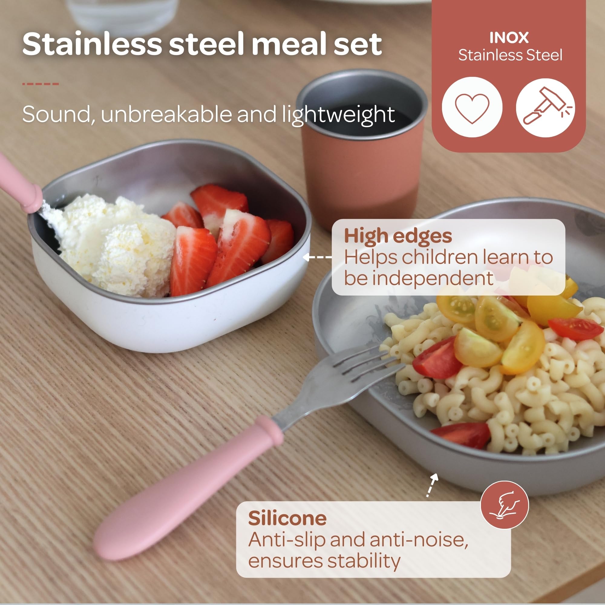 BEABA stainless steel cup, spill-resistant for mess-free sipping.
