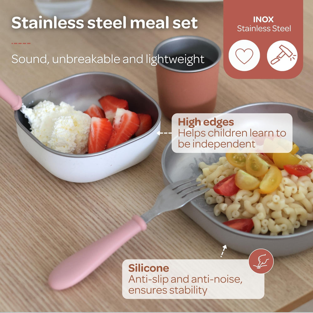 BEABA stainless steel cup, spill-resistant for mess-free sipping.