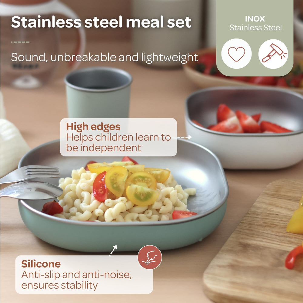 Beaba stainless-steel meal-set cup provides reliable grip for toddler sipping.
